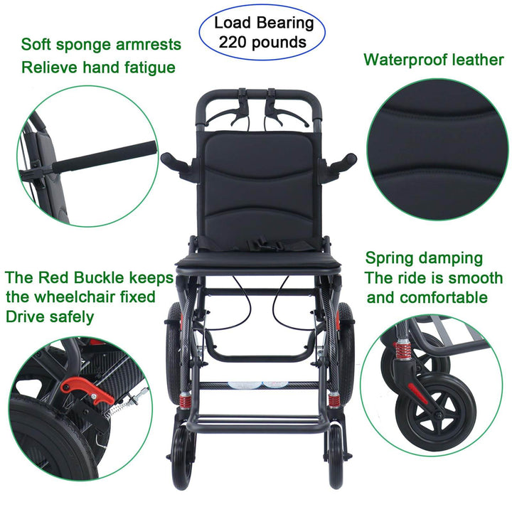 FOCLOVER Ultralight Portable Folding Whe elchair - Travel-Friendly and Durable Aluminum Alloy Wheelchair with 12-Inch Honeycomb Wheels - Foclover