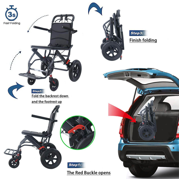 FOCLOVER Ultralight Portable Folding Whe elchair - Travel-Friendly and Durable Aluminum Alloy Wheelchair with 12-Inch Honeycomb Wheels - Foclover
